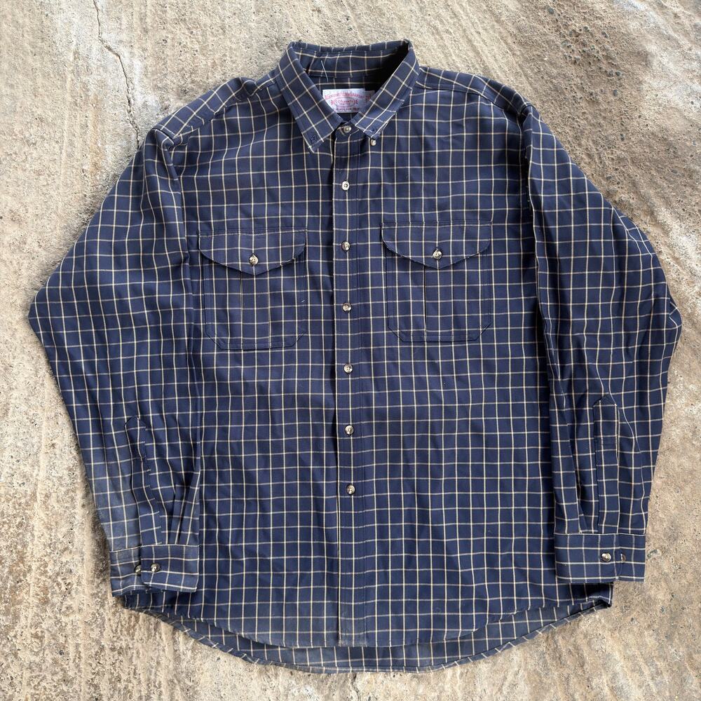 Vtg C.C. Filson Windowpane Flannel Shirt Navy Tan XXL Workwear Long Sleeve
